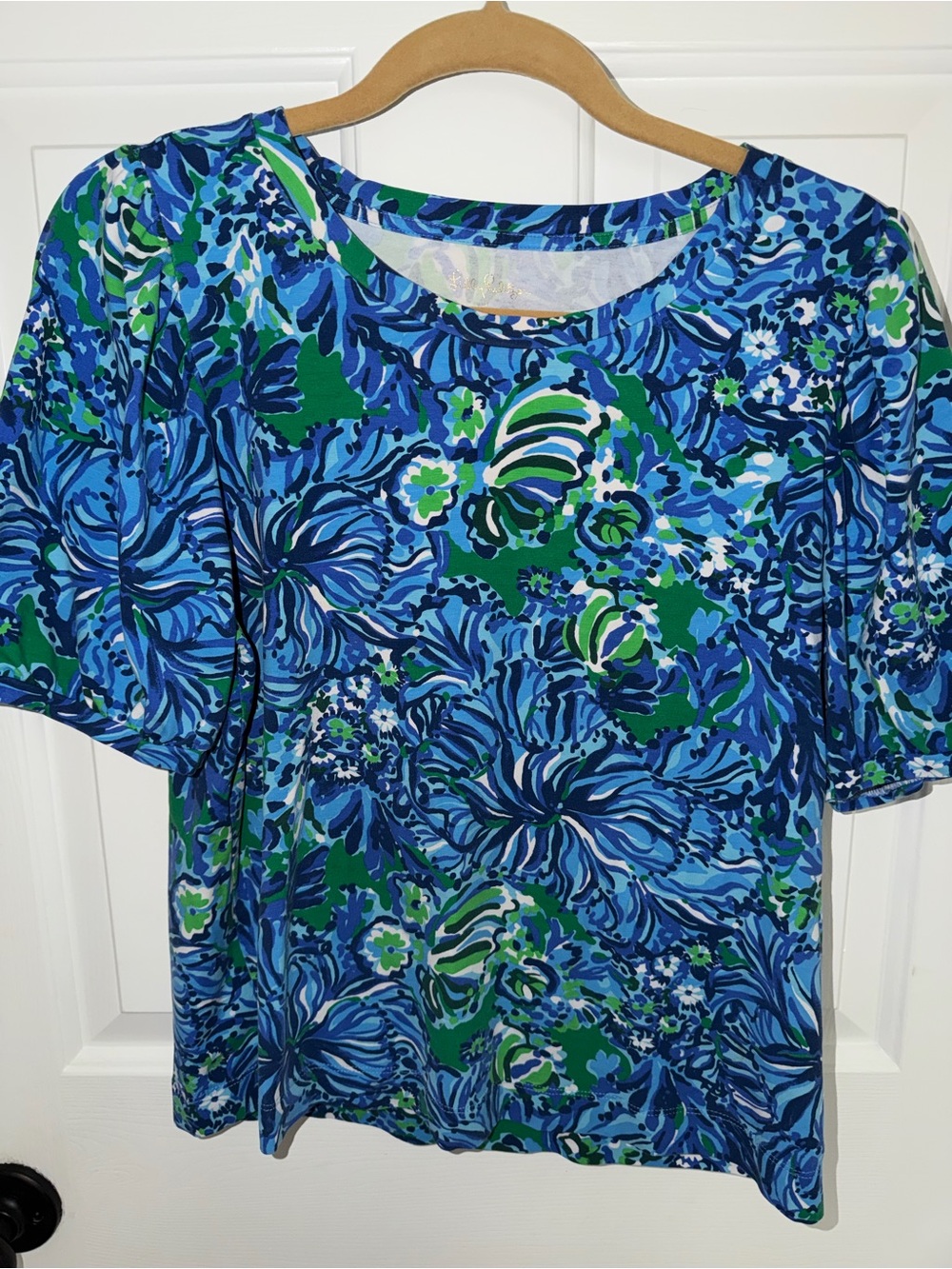Lilly Pullitzer S/S Floral Top Floral Blue Green 90% Cotton 10% Spandex Medium